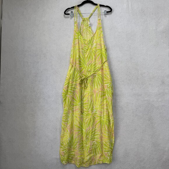 Sigrid Olsen Dress Women XL Green Pink Tropical Leaf Print Maxi Strappy Sundress - Picture 1 of 9